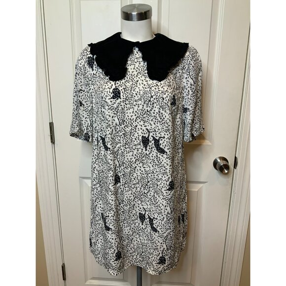 Ted Baker White Black Ruffle Collar Cat Print Oscala Dress, Size 2 TB | 6 US - Picture 2 of 12